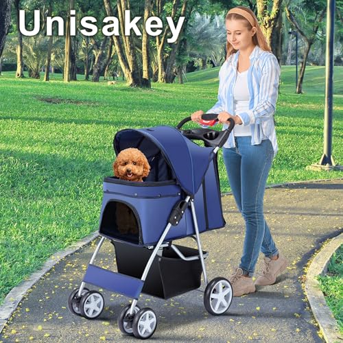 Foldable 4 Wheel Pet Stroller for Dogs Cats 10 (Navy Blue)