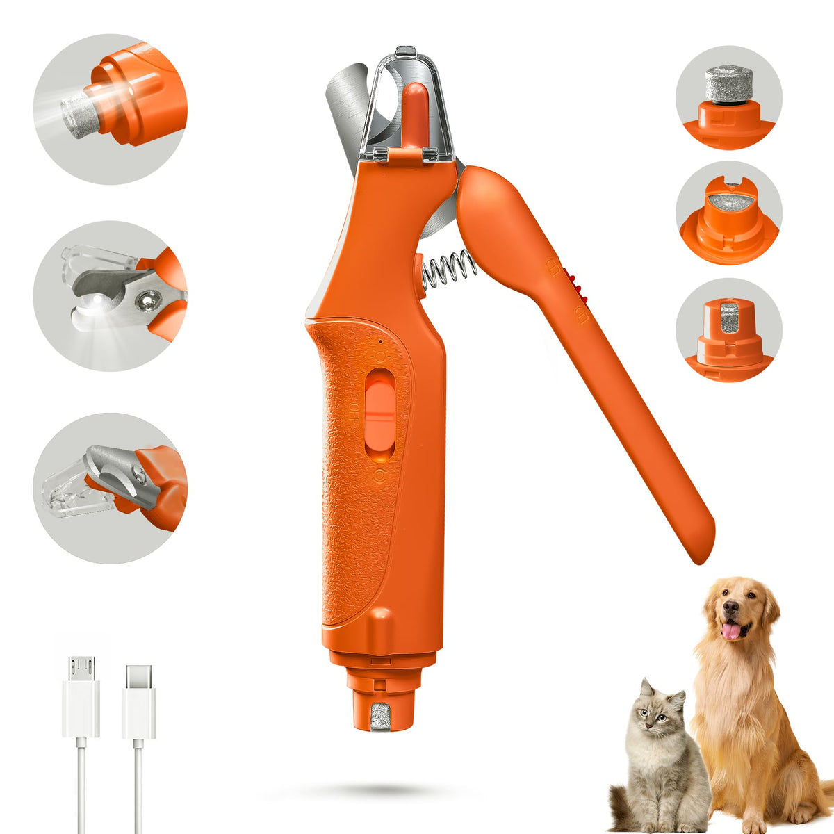 2-in-1 Cat & Dog Nail Clippers with Grinder and Dual LED Lights (Orange)
