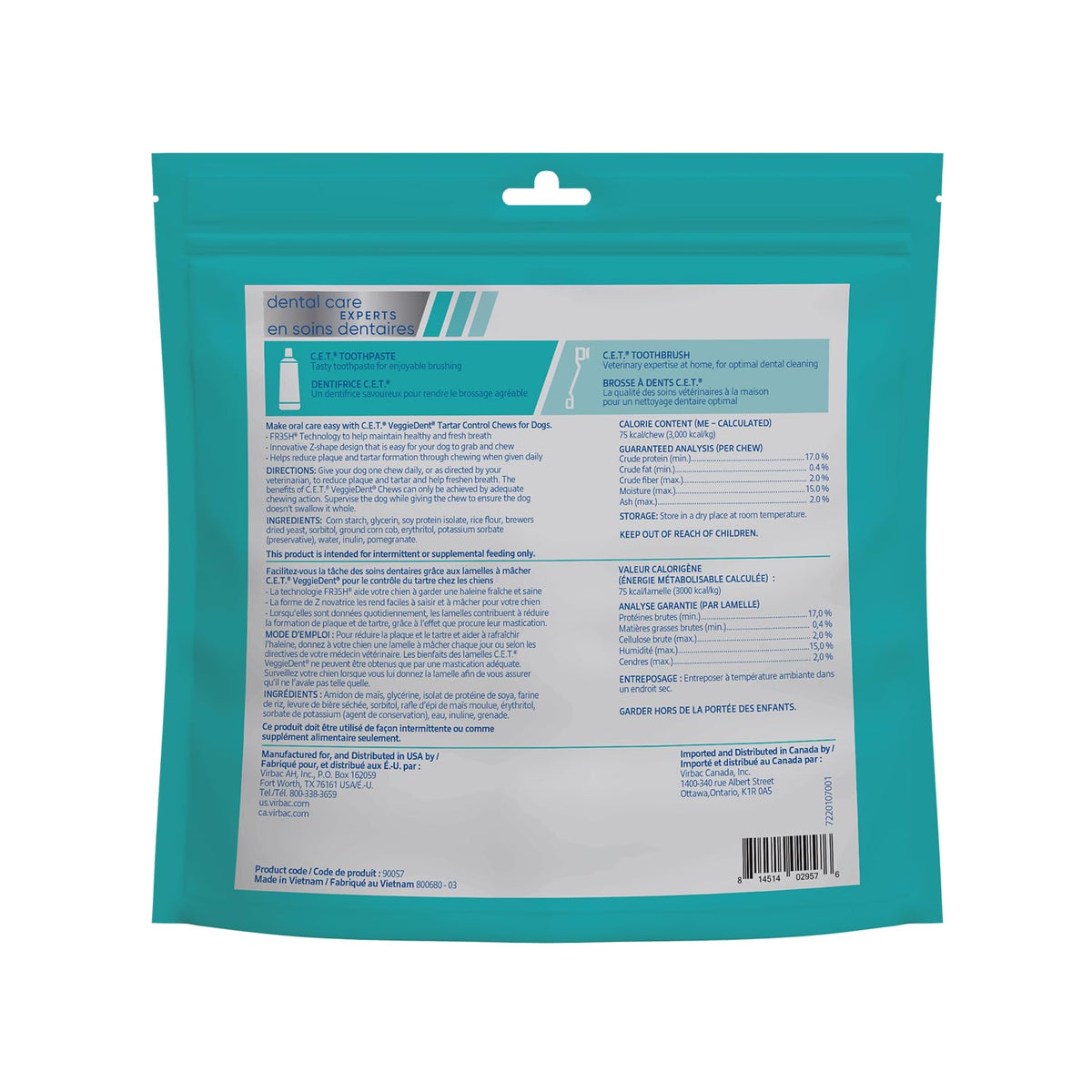 C.E.T. Veggiedent Fr3sh Plaque and Tartar Control Chews for Dogs (Medium 22-66lbs)