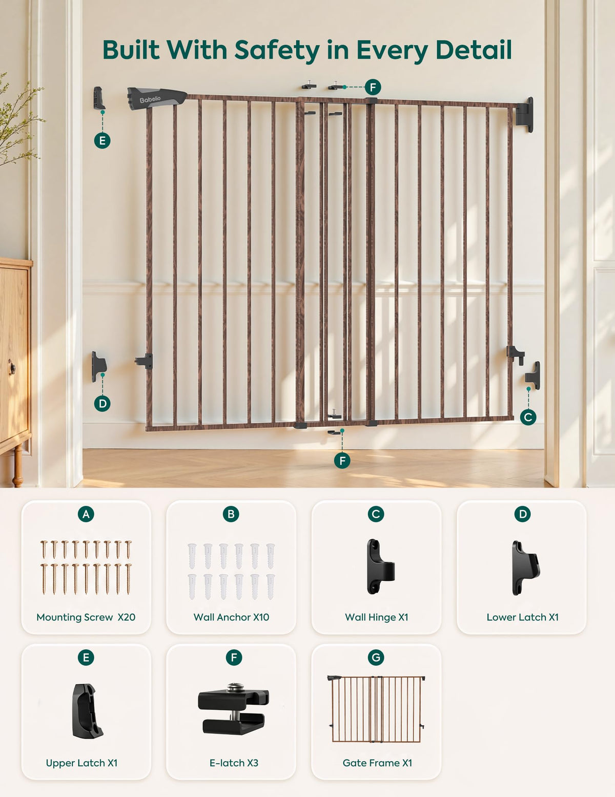 34" Extra Tall No Bottom Bar Baby Gate (Black Wood Pattern - B17 / 34" H, 26-43" W-Standard)