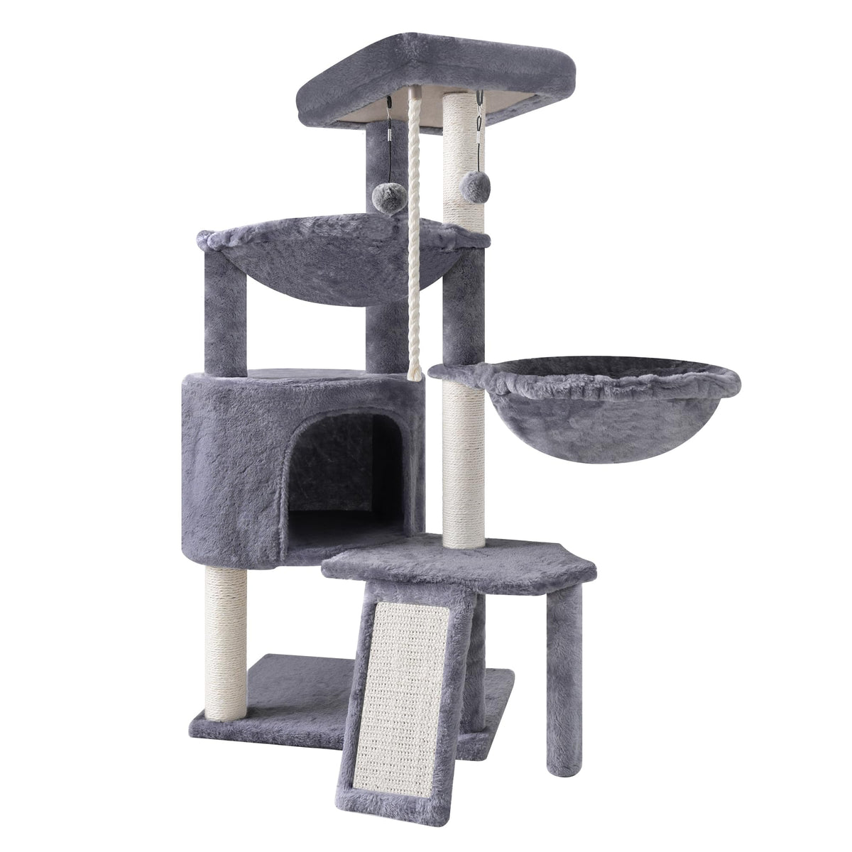 Three Layer Cat Tree with Cat Condo and Two Hammocks (Small / Grey)