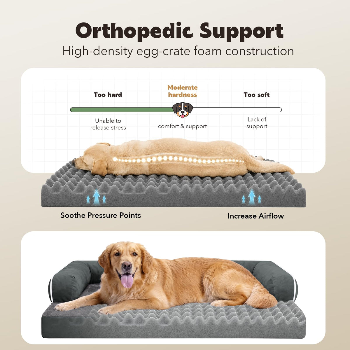 Orthopedic XL Dog Bed with Bolster for Extra Large Size Dogs (42.0"L x 30.0"W x 8.0"Th / Dark Grey)