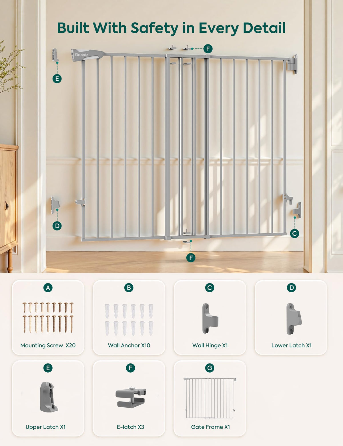 31.5 55" Extra Wide No Bottom Bar Baby Gate (Grey - B17 / 28" H, 31.5-55" W- Extra Wide)