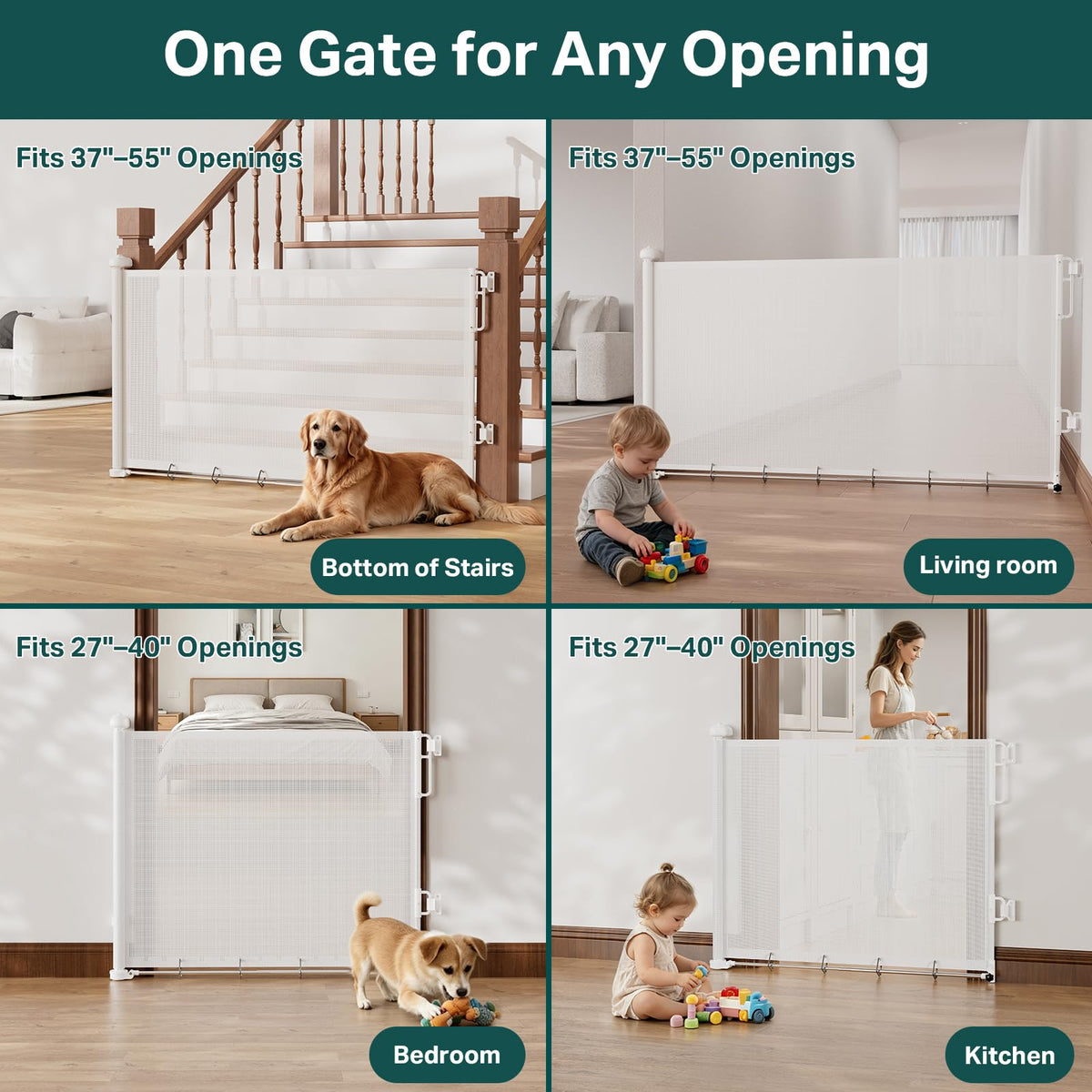 37 55" Retractable Baby Gates for Stairs & Doorways (White / Retractable Width: 37"–55")