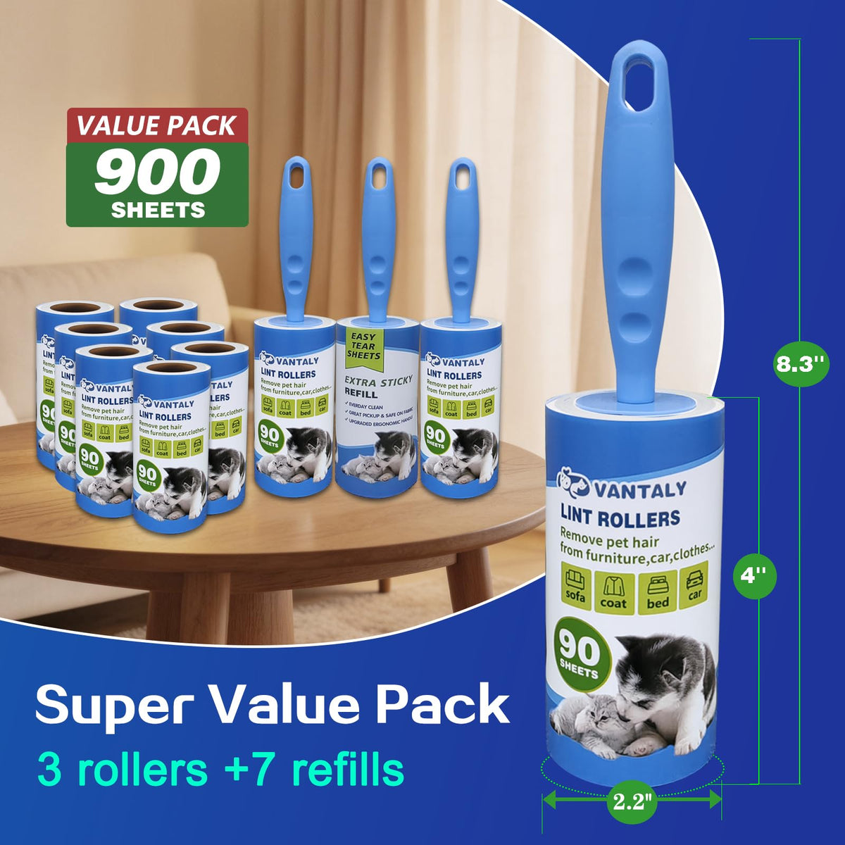 Extra Sticky Lint Roller Mega Value Set 900 Sheets for Pet Hair Removal and Clothes (10pack(900sheets+3hanldes))