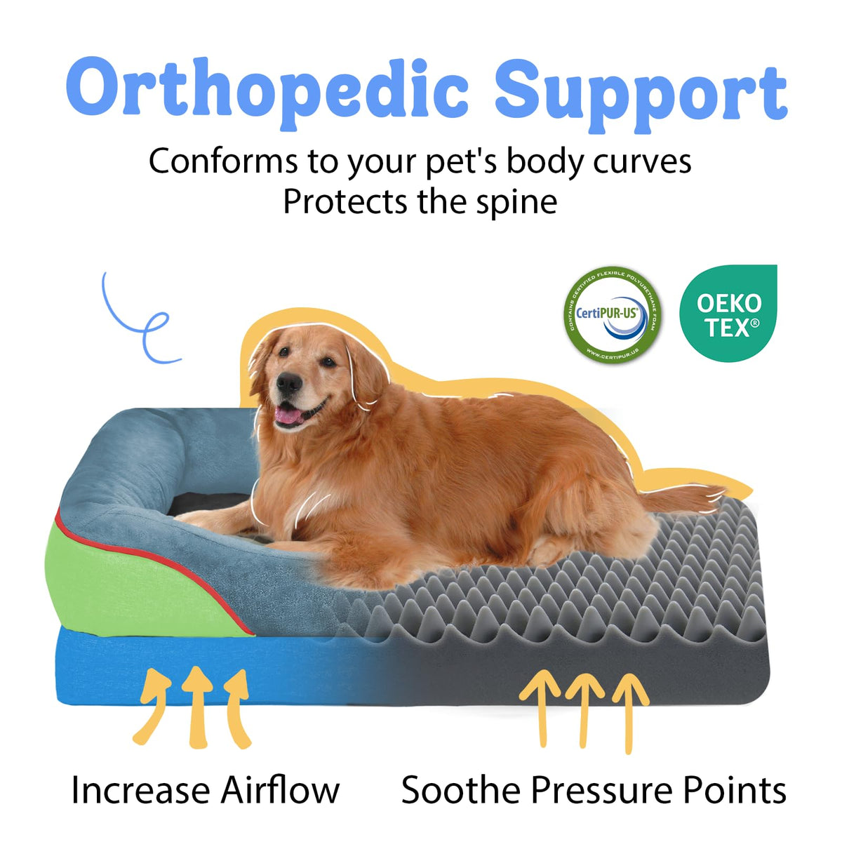 Waterproof Orthopedic XL Dog Bed for Large and Extra Large Dogs (Blue Lime / 42"L x 30"W x 7.5"Th)