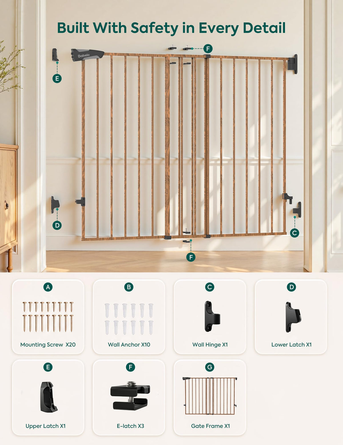 34" Extra Tall No Bottom Bar Baby Gate (Brown Wood Pattern - B17 / 34" H, 26-43" W-Standard)