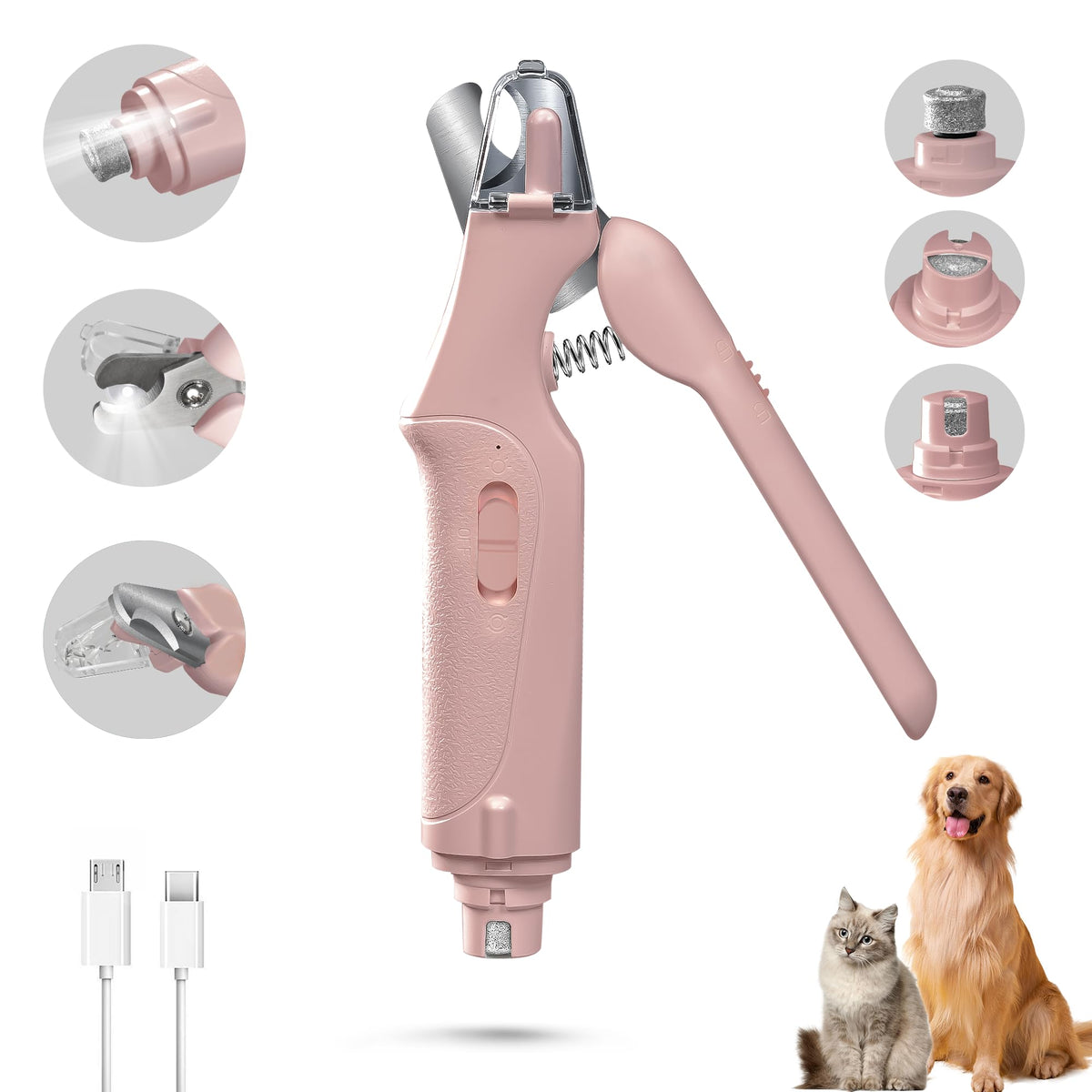 2-in-1 Cat & Dog Nail Clippers with Grinder and Dual LED Lights (Pink)