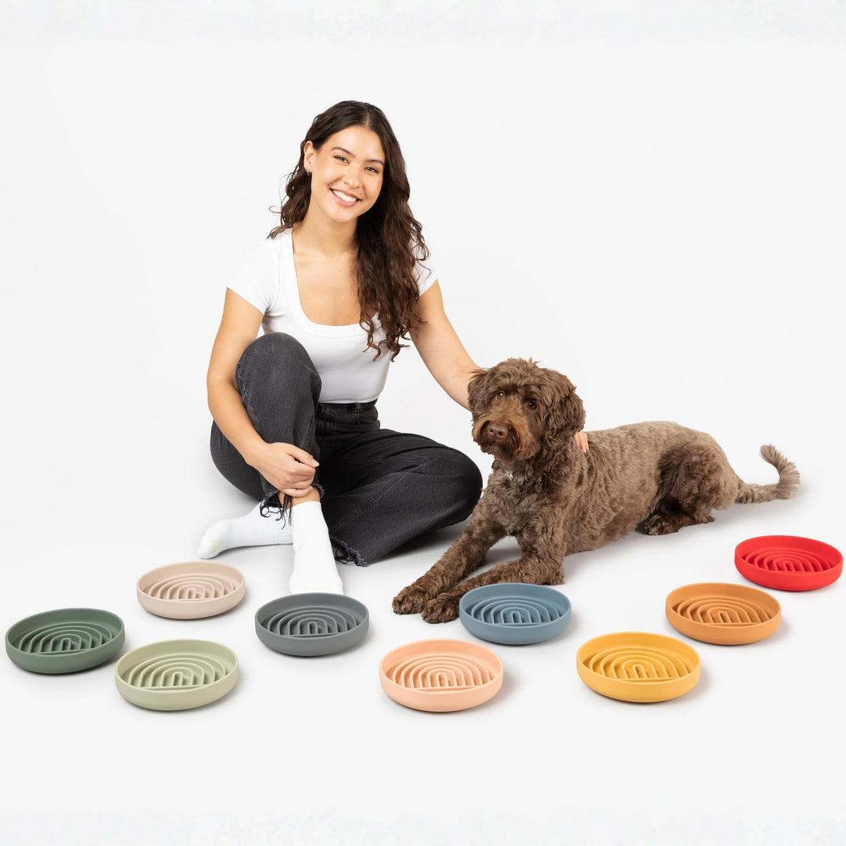 Slow Feeder Dog Bowl (Sand - Rainbow Design / Medium (7.5” Across x 1.5” Tall))