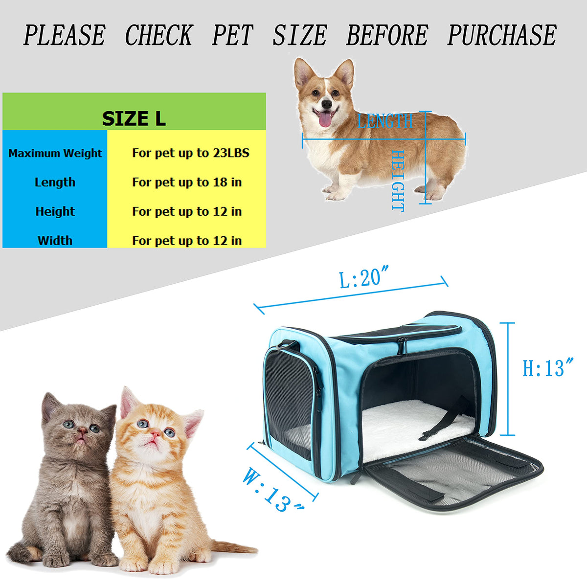 Soft Sided Carrier for Small Medium Cats Dogs (20.0"L x 13.0"W x 13.0"H / Blue)