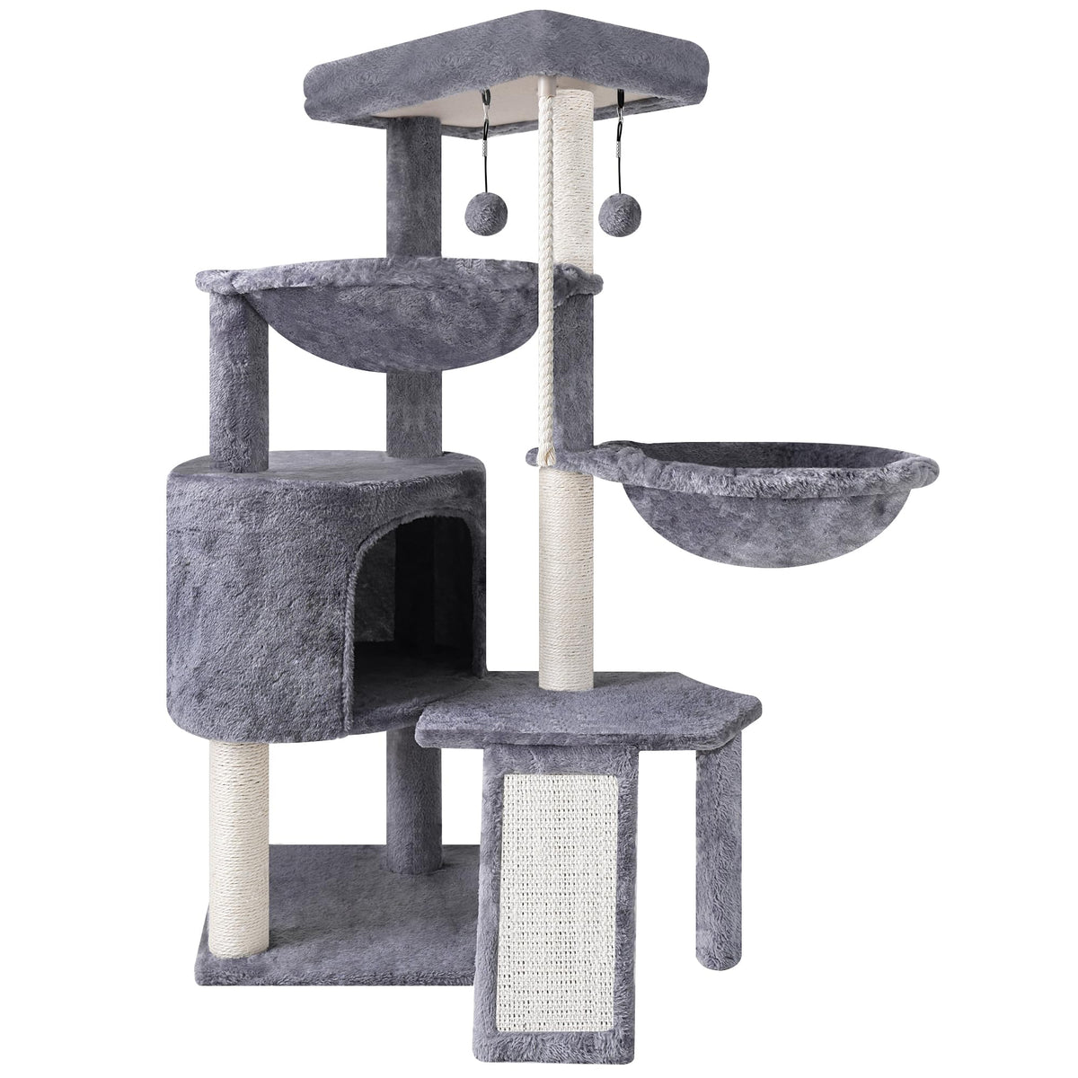 Three Layer Cat Tree with Cat Condo and Two Hammocks (Small / Grey)