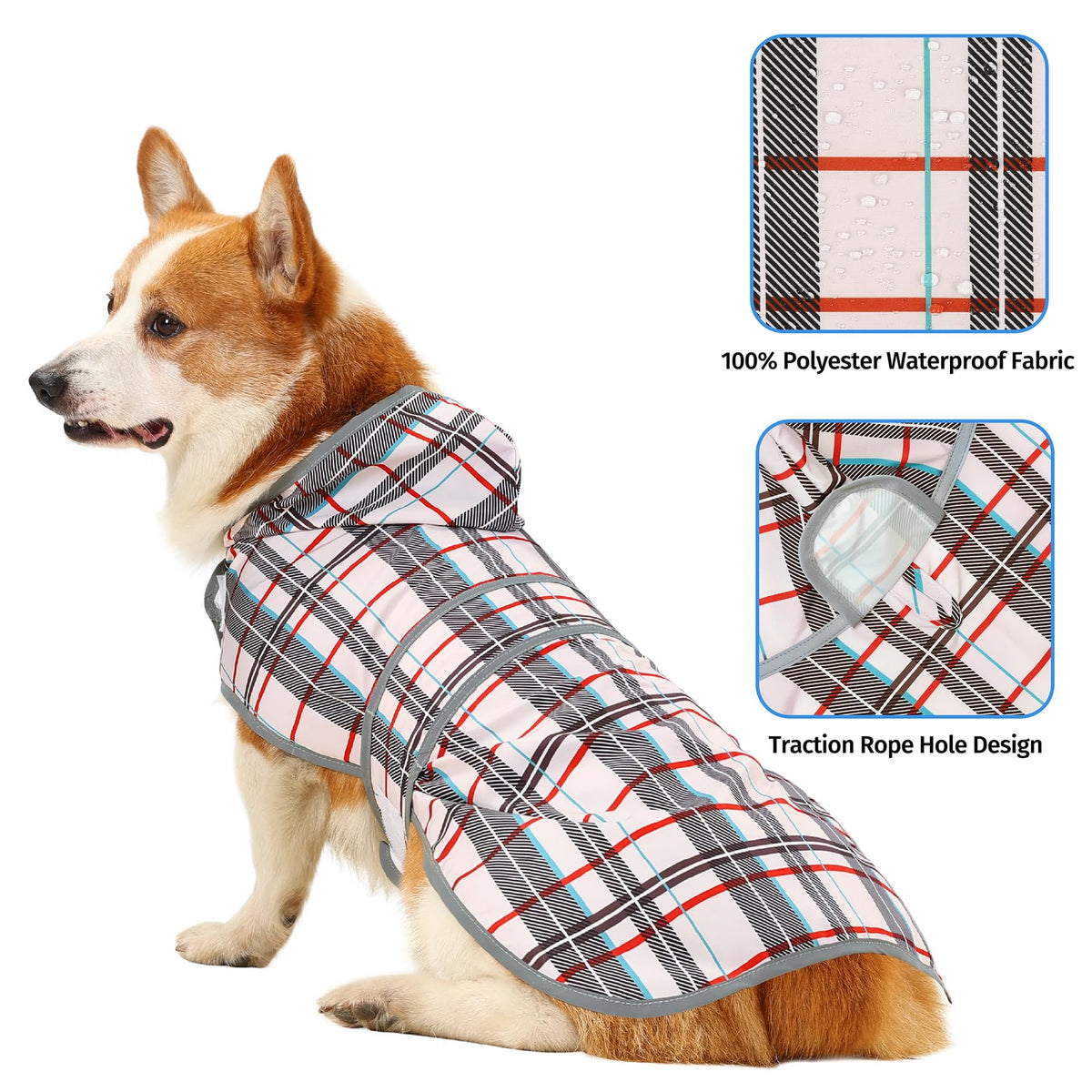 Dog Raincoat Waterproof Dog Rain Jacket with Hood (Khaki Plaid / Large)