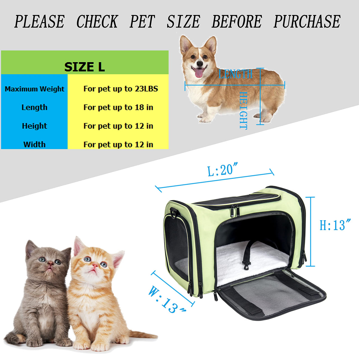 Soft Sided Carrier for Small Medium Cats Dogs (20.0"L x 13.0"W x 13.0"H / Green)