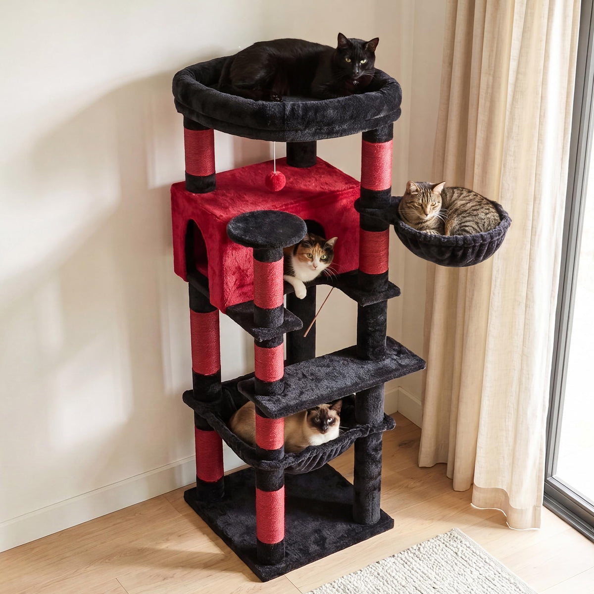 53.1" Corner Cat Tree for Large Cats (53 inch / Black and Red)