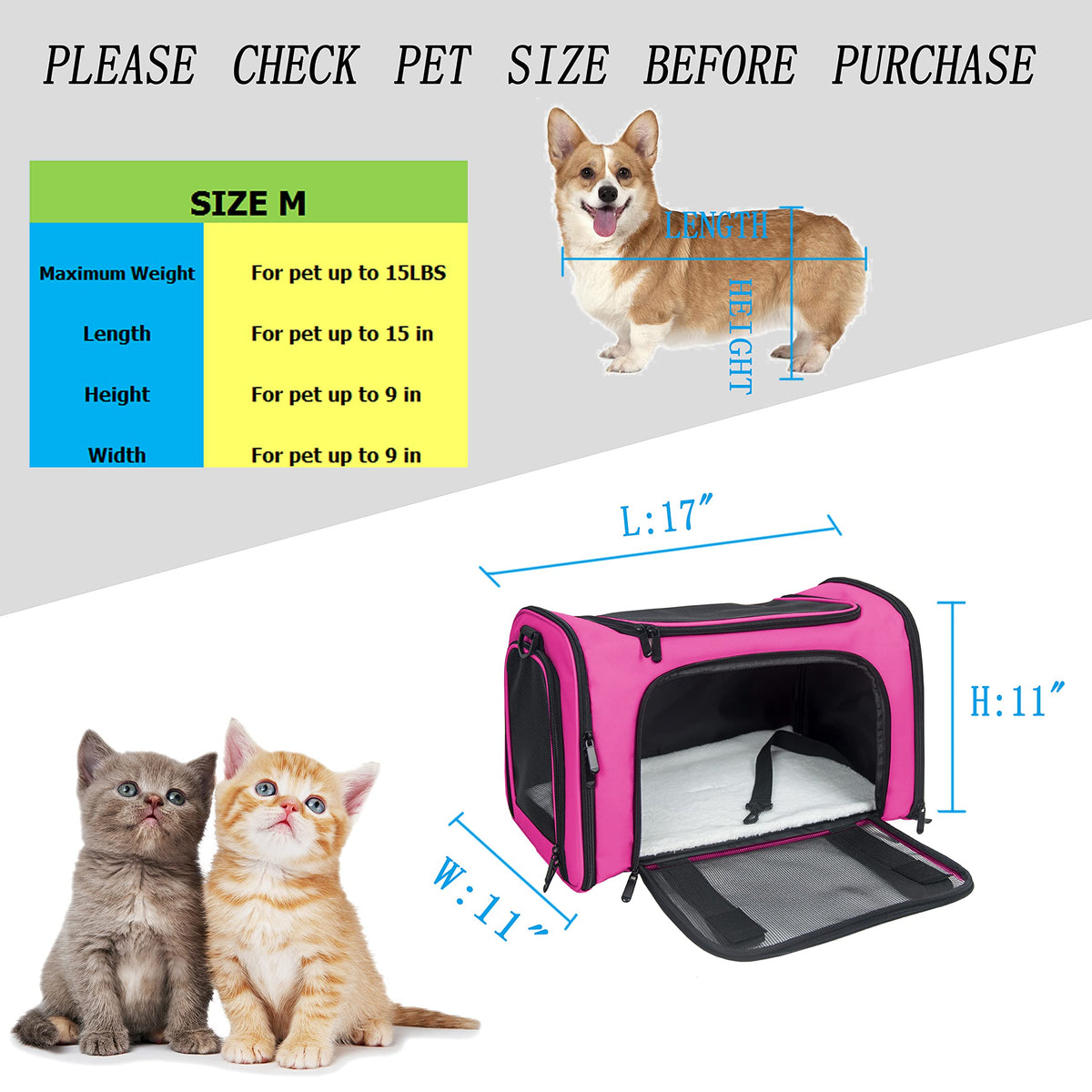 Soft Sided Carrier for Small Medium Cats Dogs (17.0"L x 11.0"W x 11.0"H / Magenta)