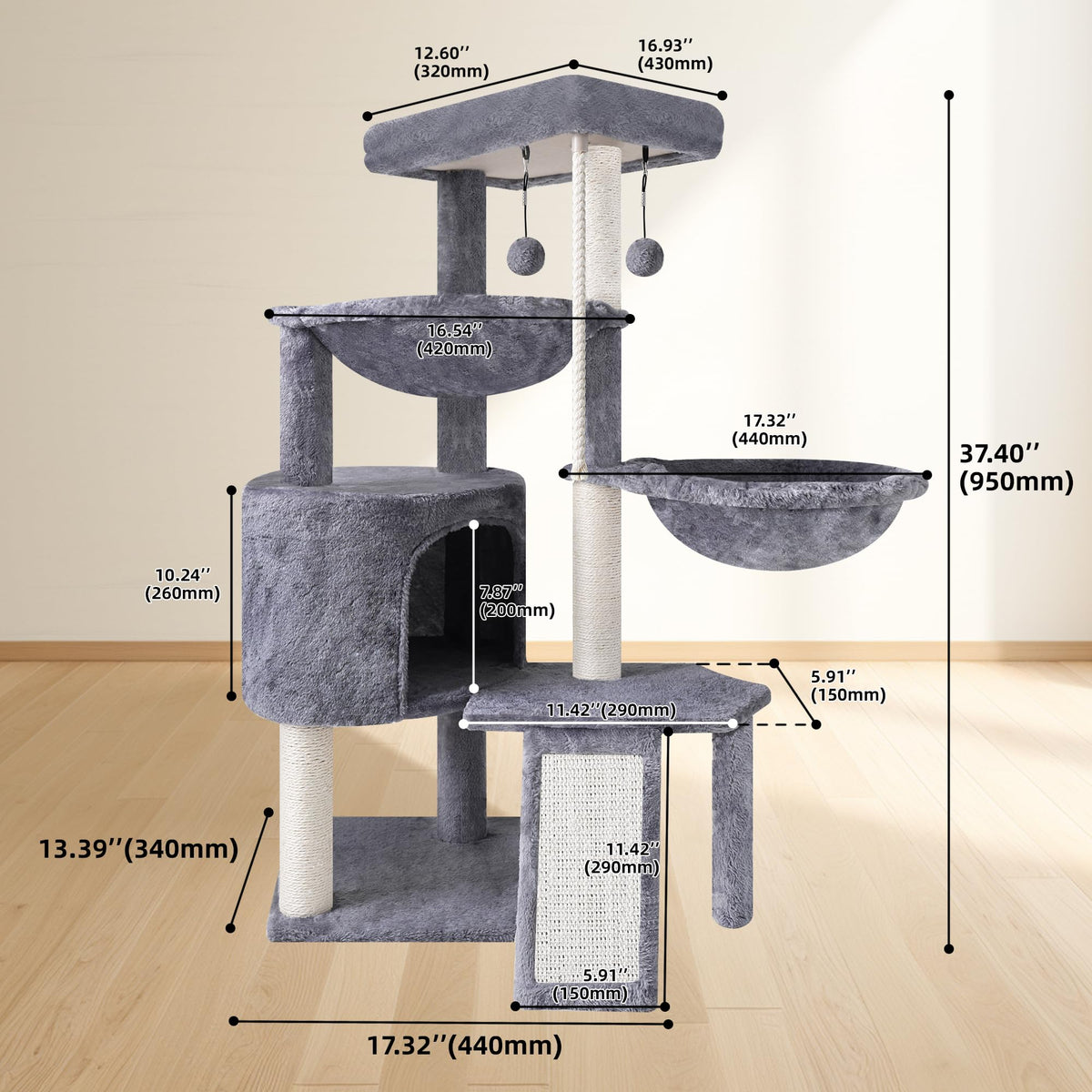 Three Layer Cat Tree with Cat Condo and Two Hammocks (Small / Grey)