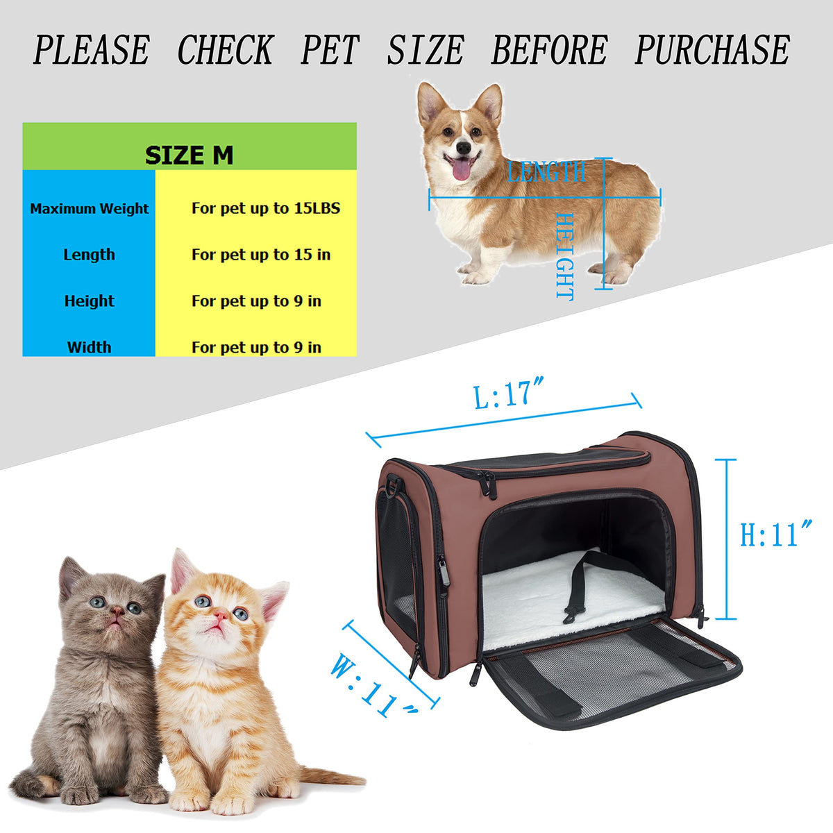 Soft Sided Carrier for Small Medium Cats Dogs (17.0"L x 11.0"W x 11.0"H / Brown)