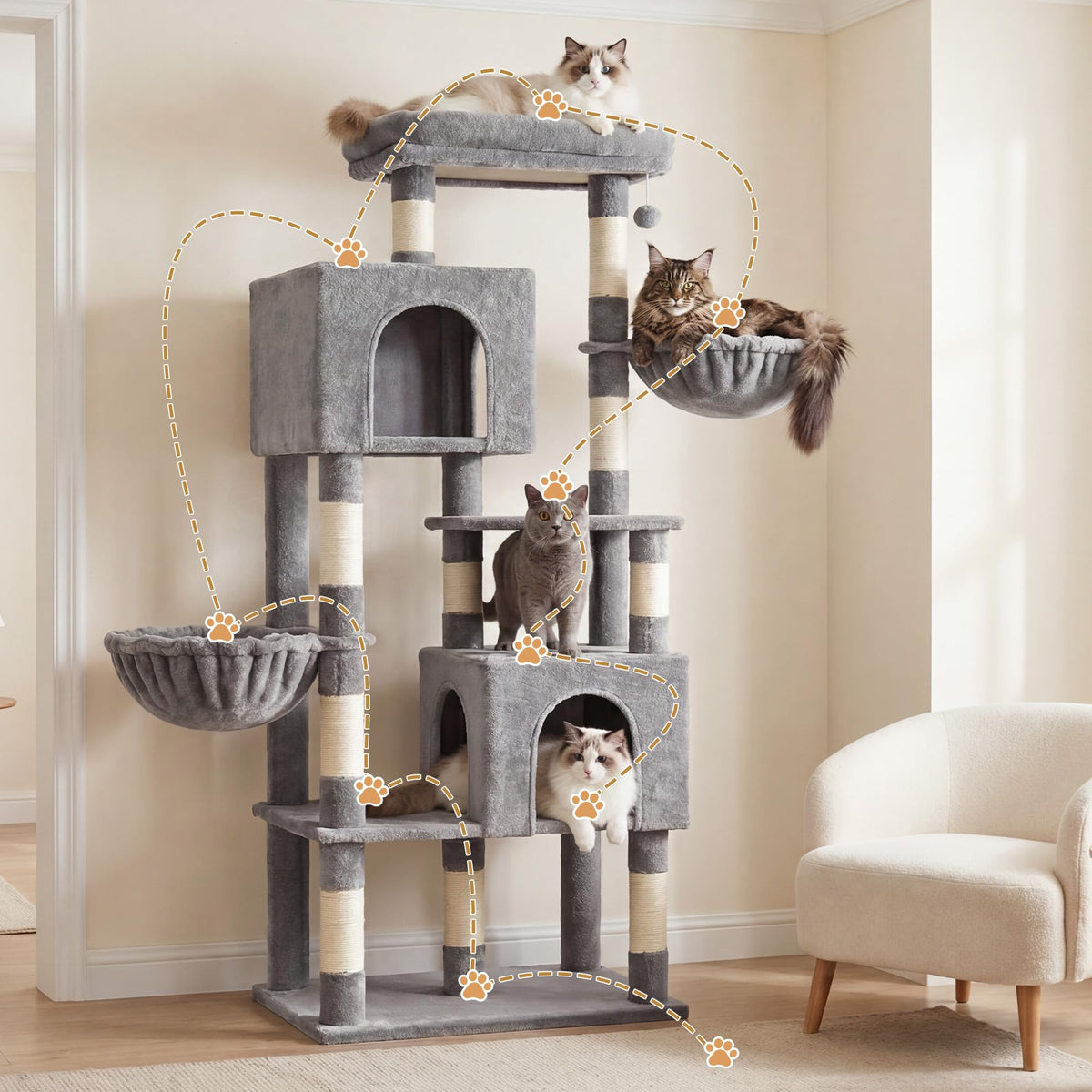 68.1" Cat Tree with Oversized Top Platform & Wide Base HCT059W (Light Gray / 68.1 inch)