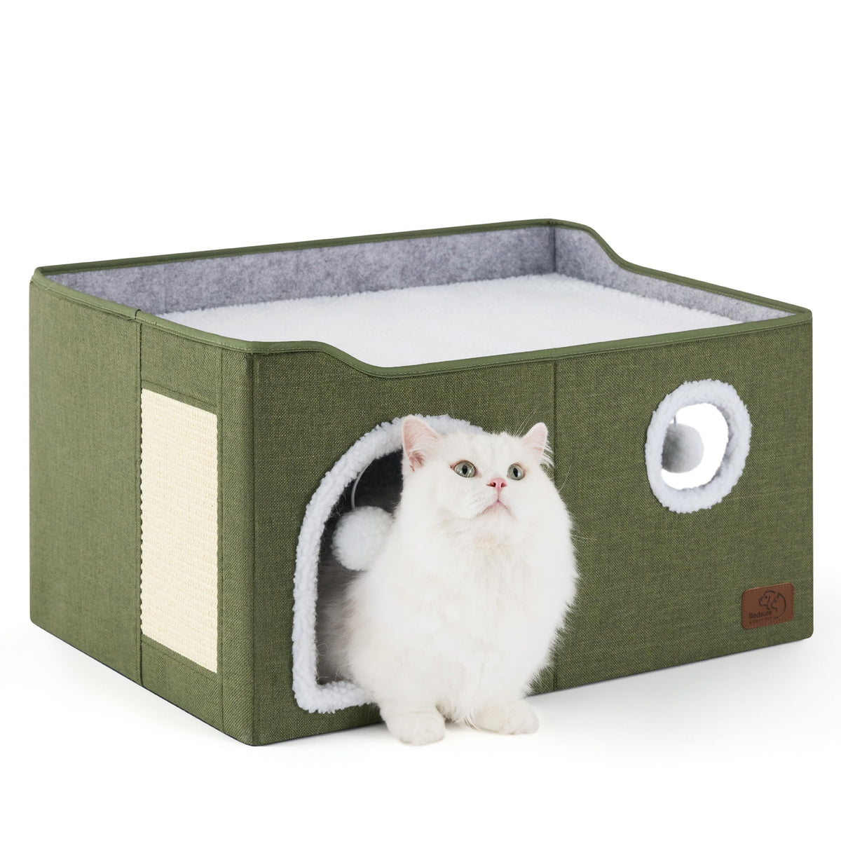 Extra Wide Cat House Bed with Fluffy Ball and Scratch Pad (Loden Green / Widen)
