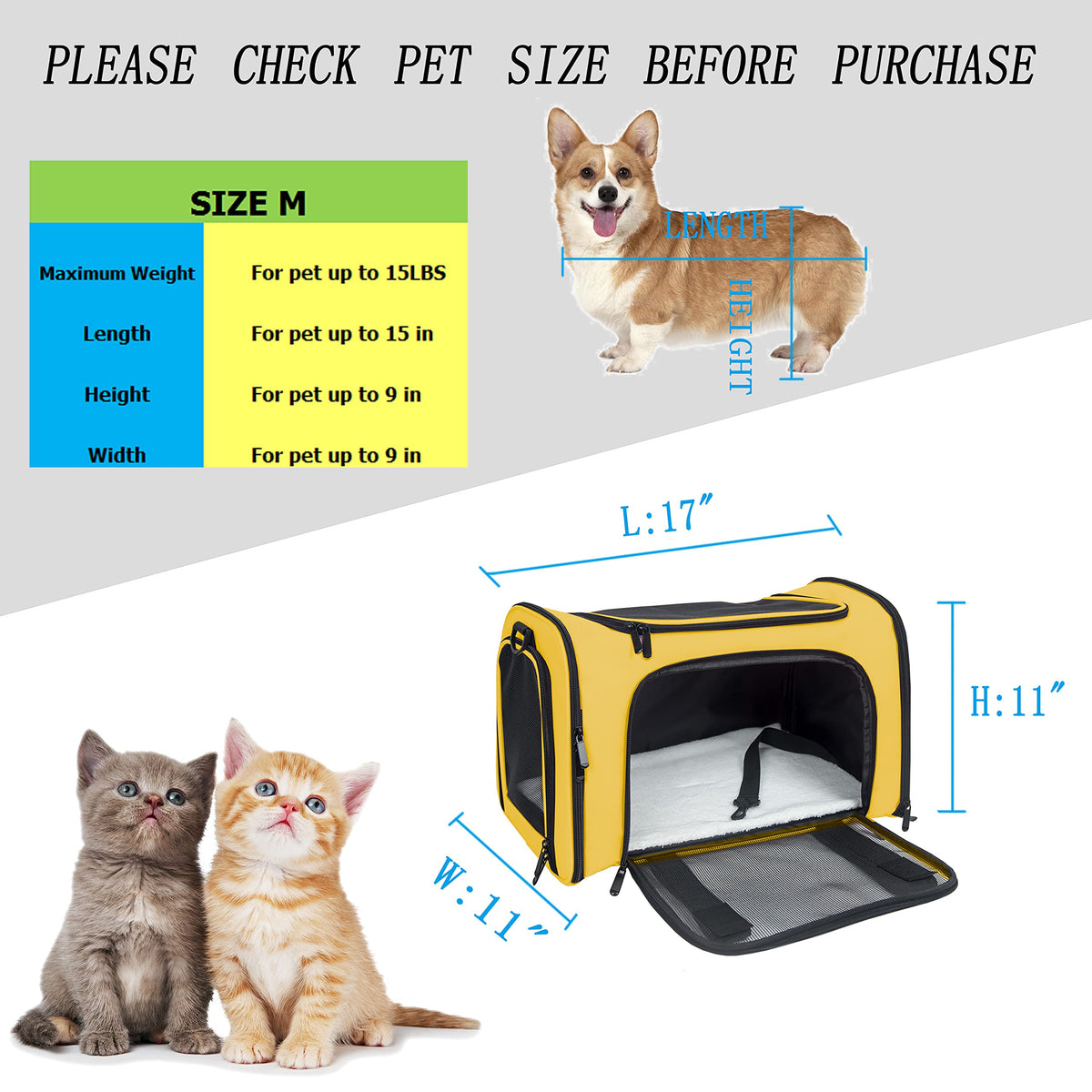 Soft Sided Carrier for Small Medium Cats Dogs (17.0"L x 11.0"W x 11.0"H / Yellow)
