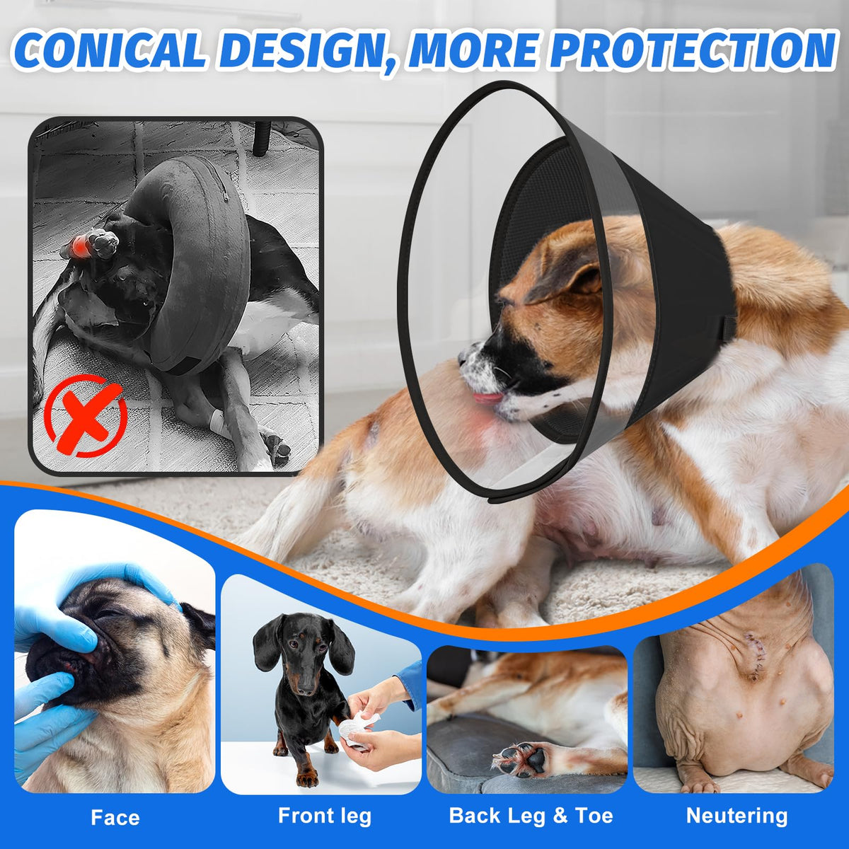 Dog Cone Collar with Soft Liner to Stop Licking (Black / XS(Depth: 6.1, Girth: 9.5-11.5 ))