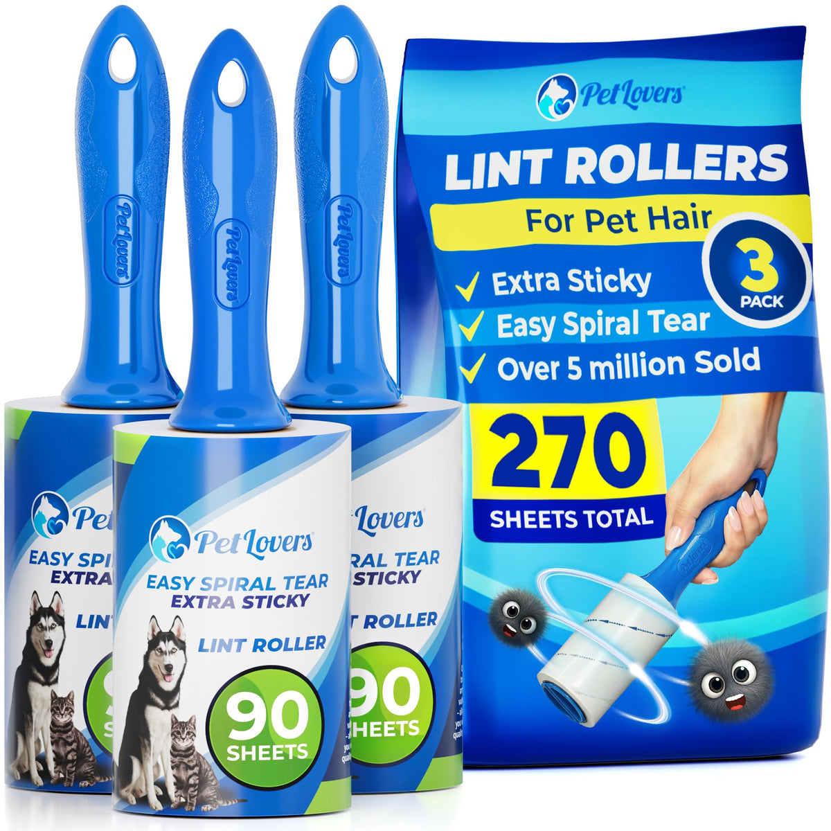 Extra Sticky Lint Roller Value Set 270 Sheets for Pet Hair Removal and Clothes