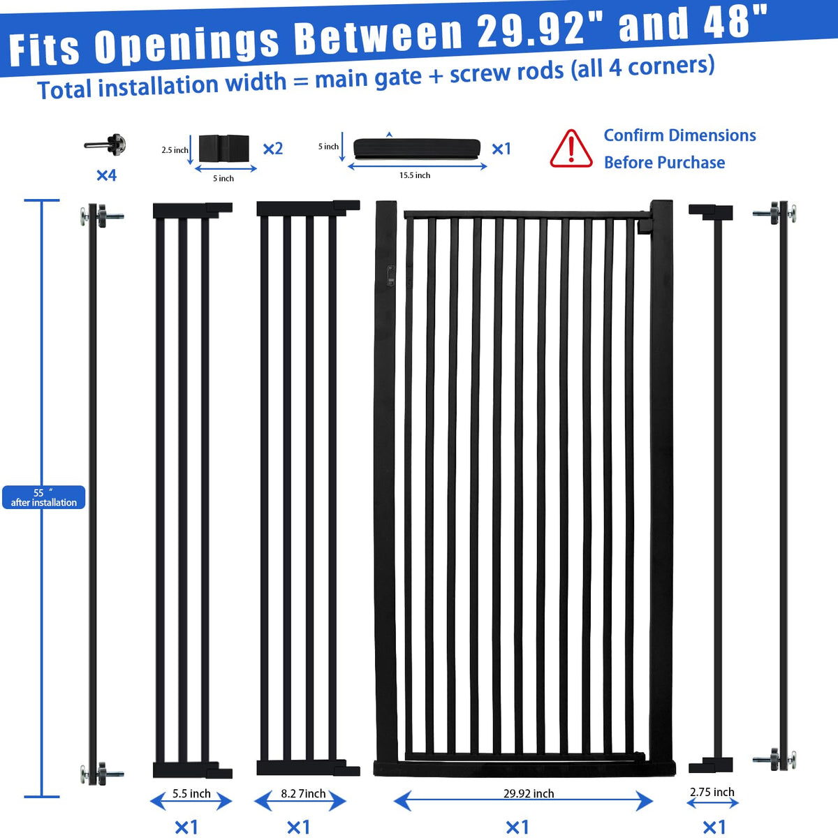 55 Inch Extra Tall Pet Gate for Cats (Black / 55" tall,29.92" - 48")