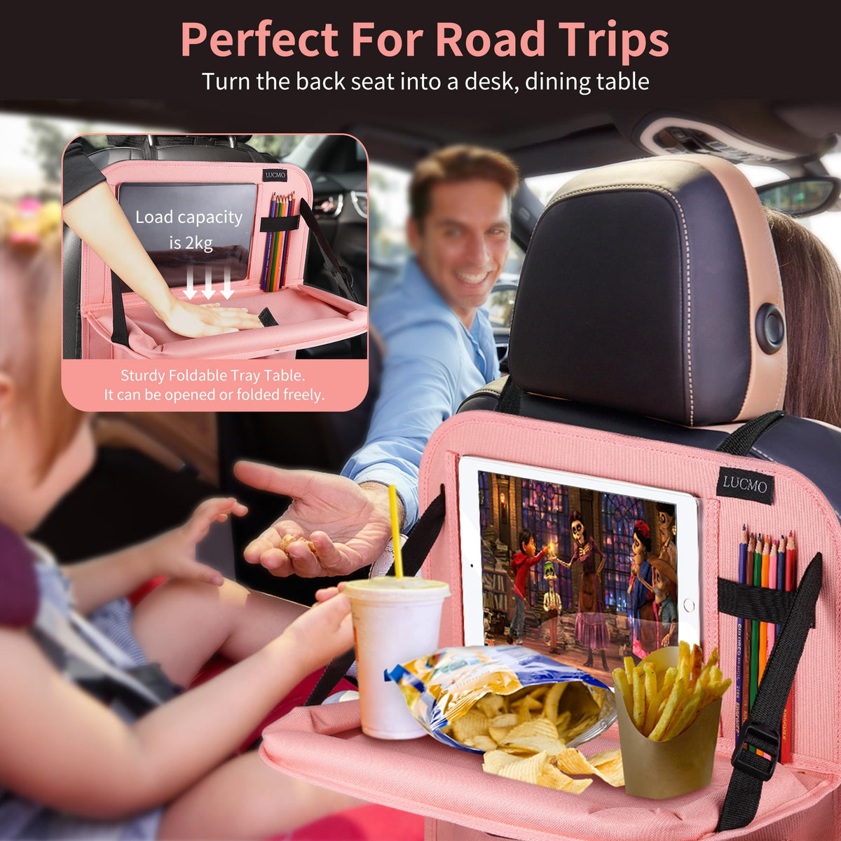 Car Backseat Organizer with Foldable Tablet Holder (Pink-3 / 2 Pack with Food Tray)