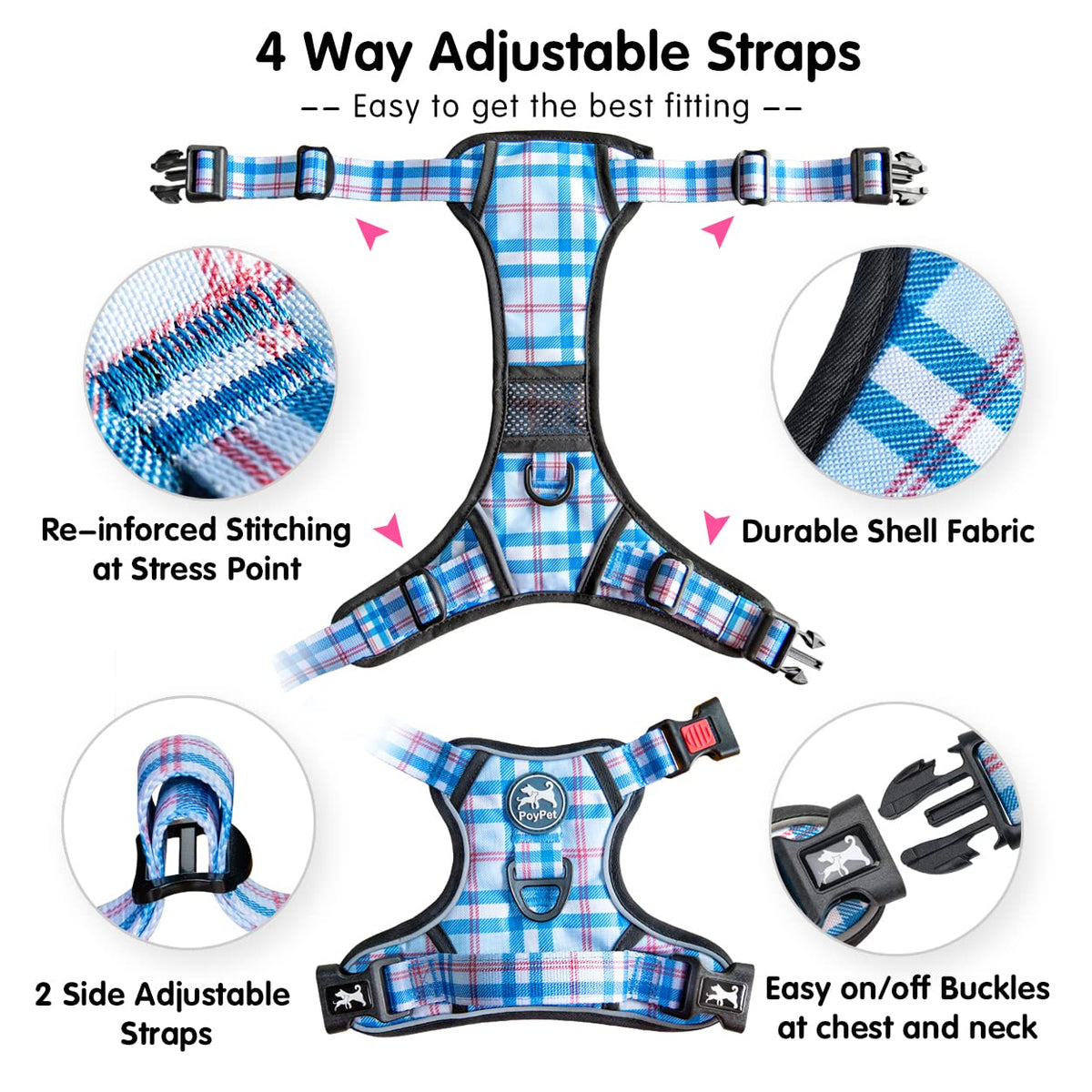 Plaid Dog Harness Small (XS / Checkered Blue & Red)