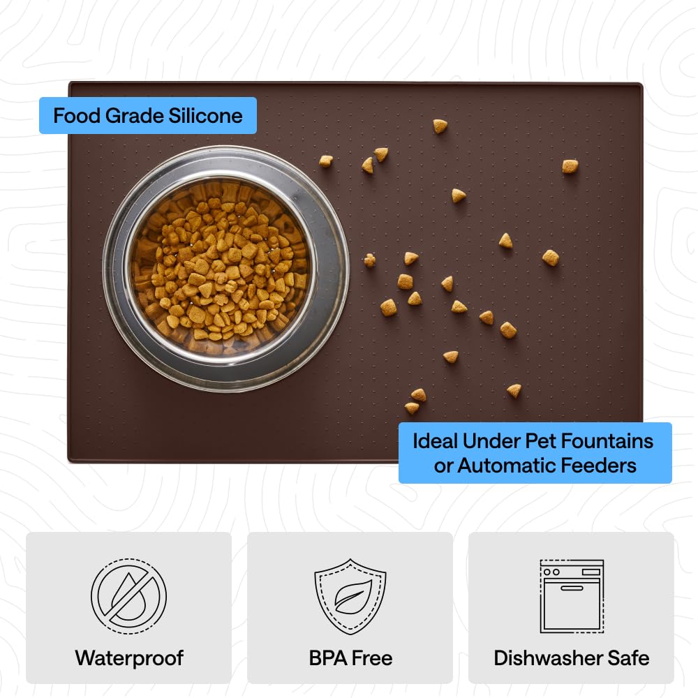 Dog Food Mat 100% Waterproof Silicone (Brown / 32"l X 24"w)