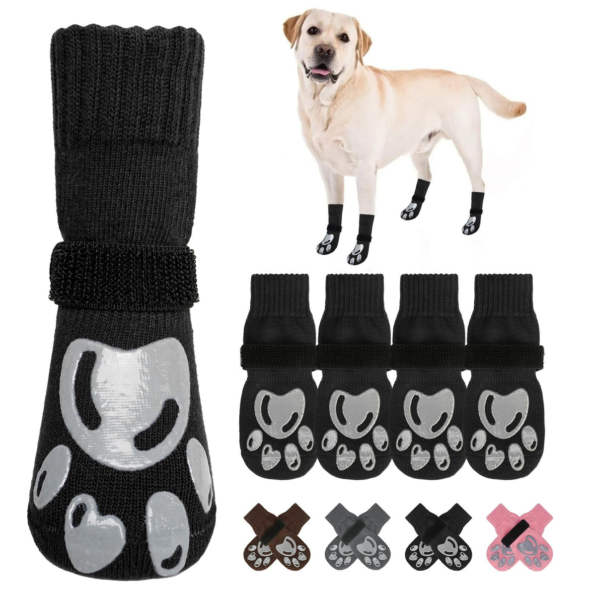 Dog Socks to Prevent Licking Paws Double Sided Grip Traction (Black(Paw) / XL(3.1"-3.5" W | Pack of 4))