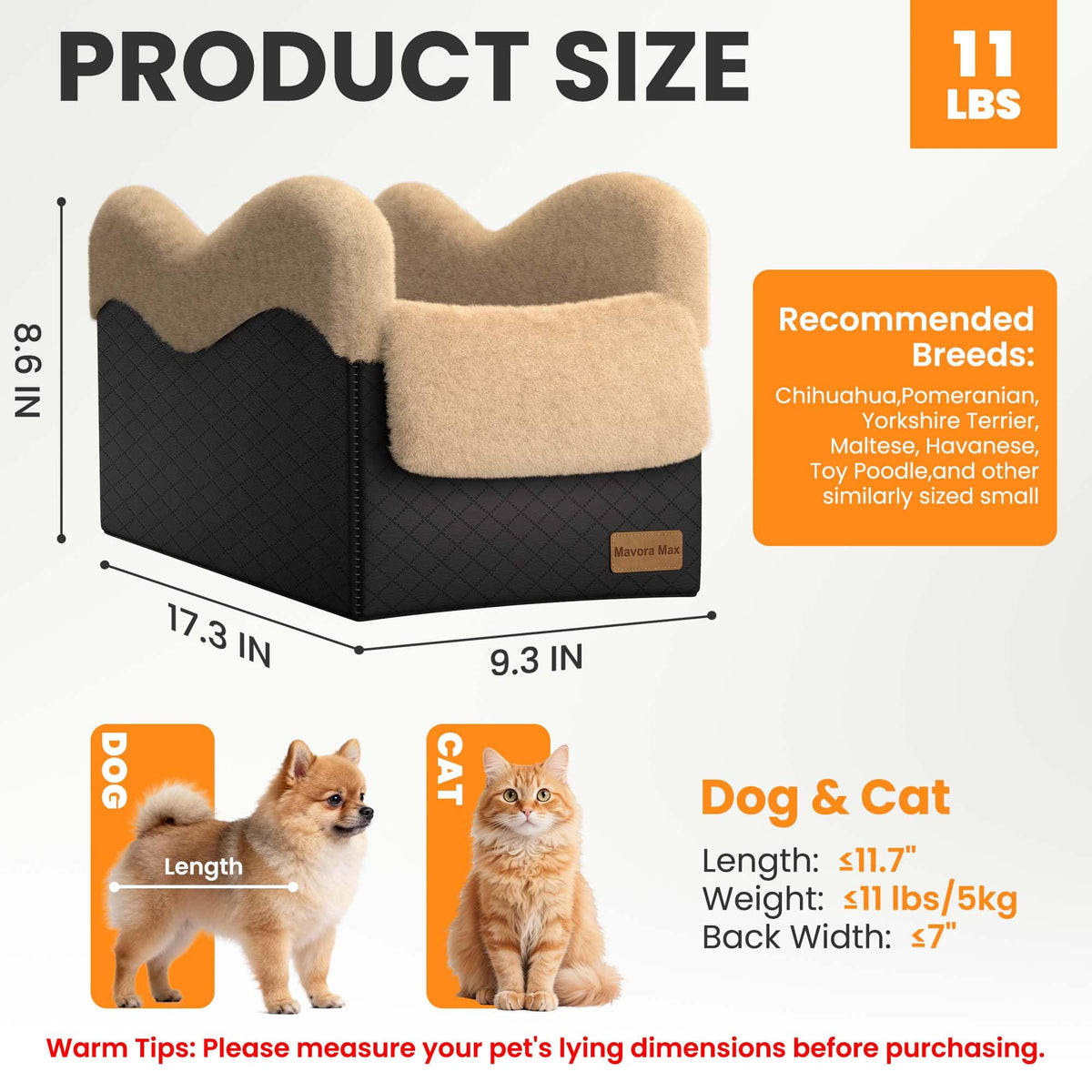 Center Console Dog Car Seat for Small Dogs Under 11lbs (Black / Small)