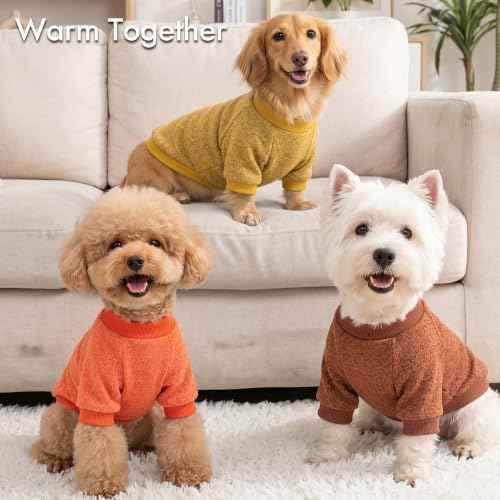 3 Pack Dog Sweaters for Small Dogs Girl Boy Winter Fleece Clothes Warm Soft Dog Sweatshirt Outfit for Dogs Cats Pet Apparel (Brown+Yellow+Orange / L (Back: 15.7", Chest: 19.6", 14-18 lbs))