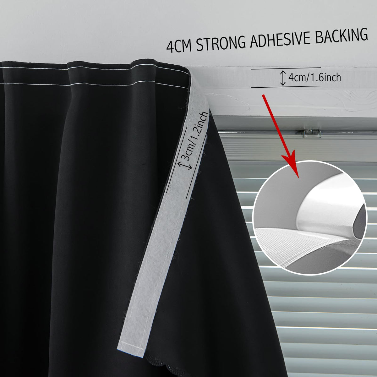 Thermal Blackout Curtains with Self Adhesive Tape No Rod No Drill Easy Install Window Cover for Bedroom Kitchen Dorm 46" W x 59" L Black 1 Panel (46"W x 59"L (Pack of 1) / Black)