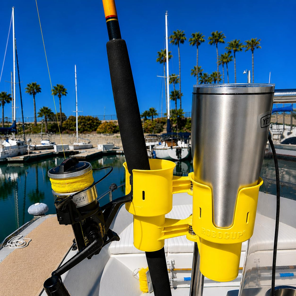 Yellow), Patented Clamp On Boat Cup Holder |Multifunction Dual Drink Caddy for Fishing Poles, Tools, Net, Gaff |Portable Storage for Boating, Beach, Umbrellas, Golf Carts, Strollers (Yellow / Standard Spring)