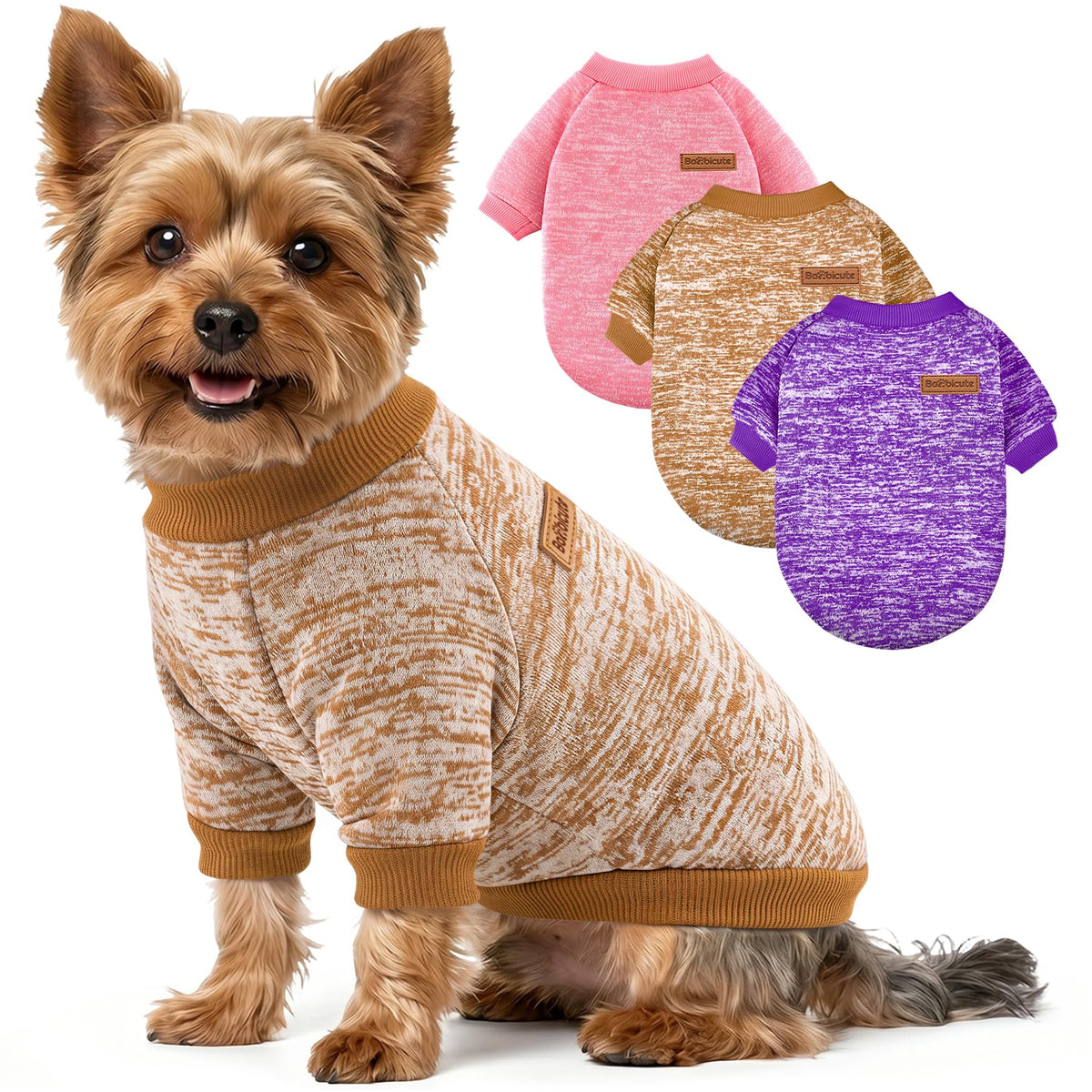 3 Pack Dog Sweaters for Small Dogs Girl Boy Winter Fleece Clothes Warm Soft Dog Sweatshirt Outfit for Dogs Cats Pet Apparel (Khaki+Pink+Purple / XS (Back: 9.8", Chest: 13.7", 3.5-5.5 lbs))