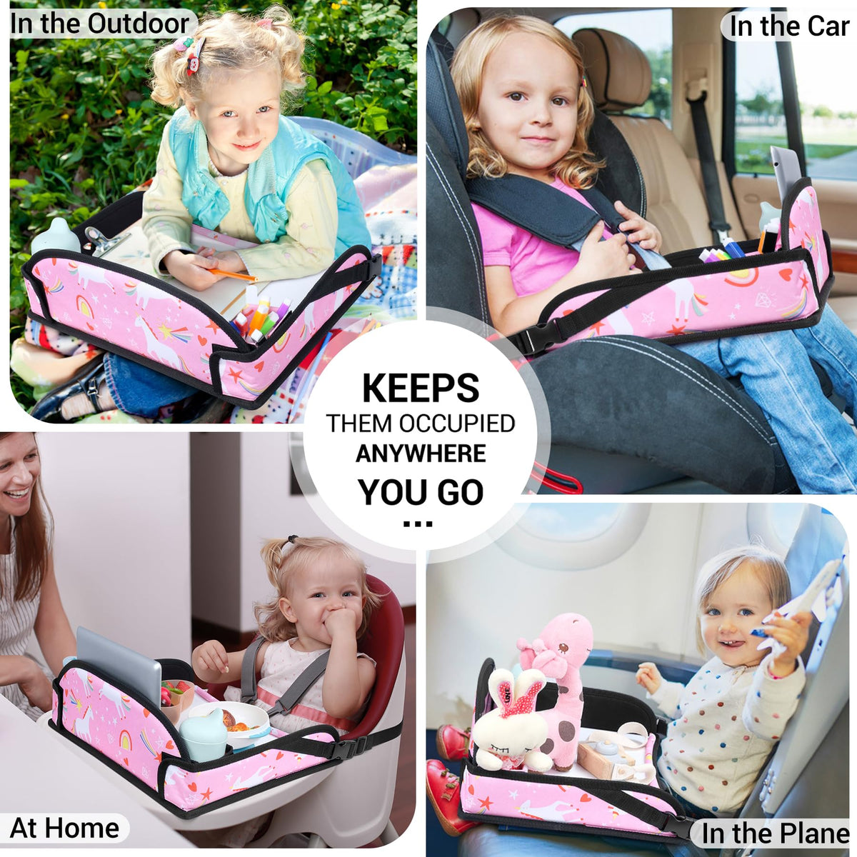 Kids Travel Tray for Toddler Car Seat (Pink Unicorn)