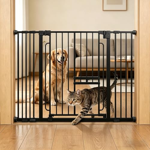 Pet Gate with Cat Door (Matte Black / 29.5-42.5"Wide,30"Tall)