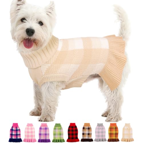 Dog Sweater Dress Plaid Knitwear for Small Dogs Girl Christmas Clothes (Beige / Small)