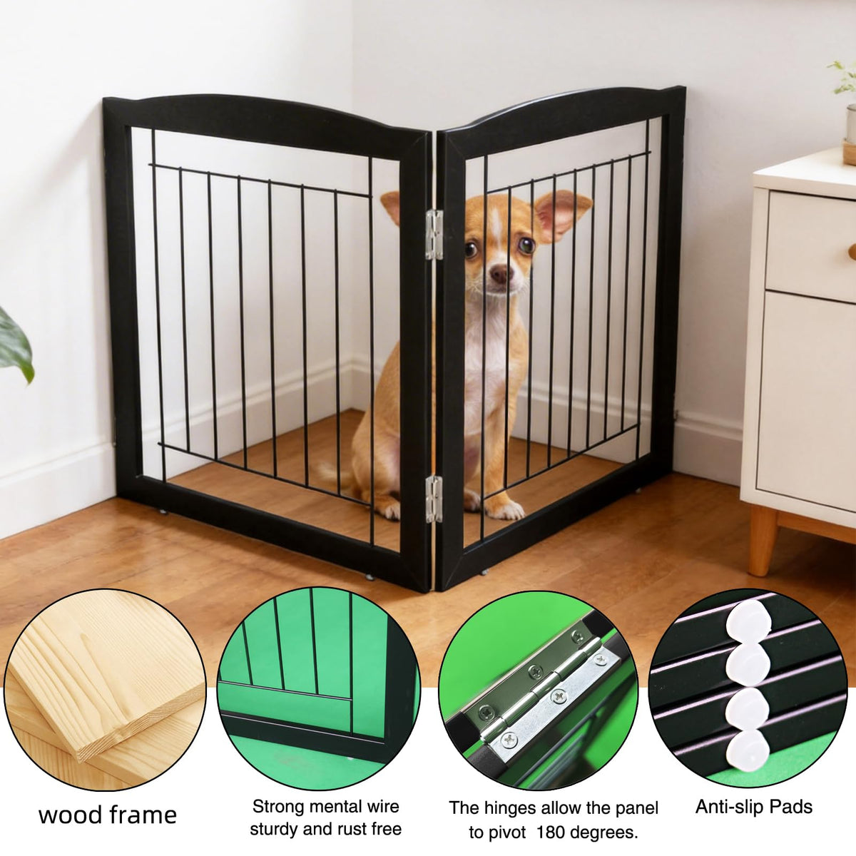 Freestanding Foldable Dog Gate for House Extra Wide Wooden Indoor Puppy Gate Stairs Doorways Pet Gate Tall Dog Fence 2 Panels Fence Black (Black / 【2 Panels】40''w x 32''h)