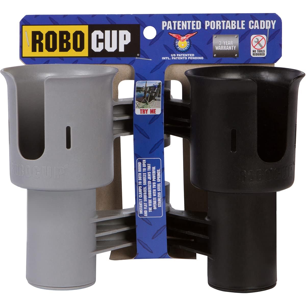 Black&Gray), Patented Clamp On Boat Cup Holder | Multifunction Dual Drink Caddy for Fishing Poles, Tools, Net, Gaff | Portable Storage for Boating, Beach, Umbrellas, Golf Carts, Strollers (Black & Gray / Standard Spring)