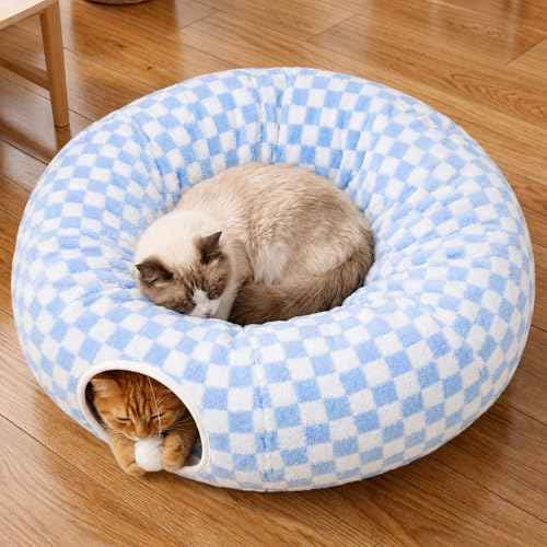 Indoor Cat Tunnel with Donut Bed (Azure Check)