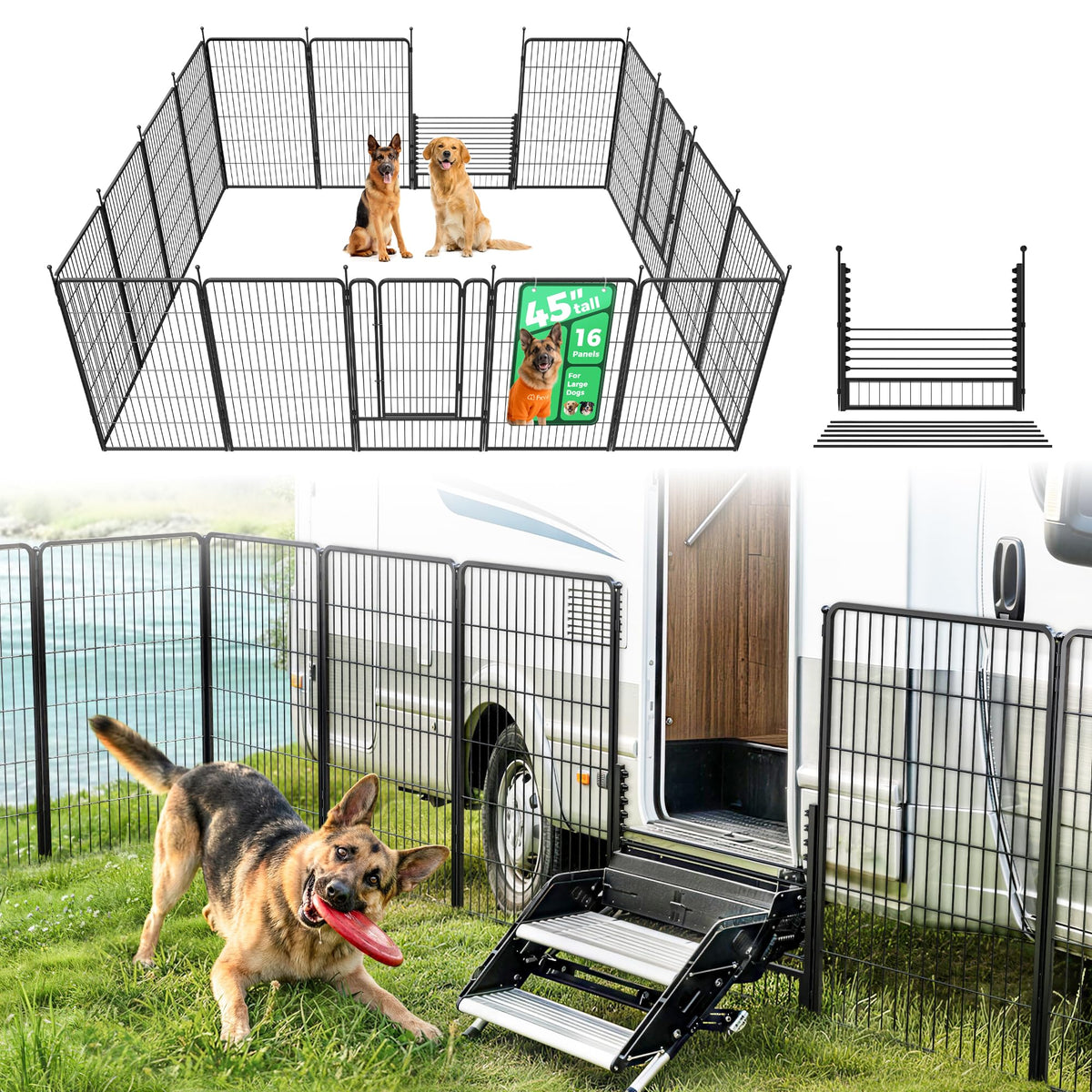 Rollick Dog Playpen with RV Step Grid for RV Camping (Black / 45"H)