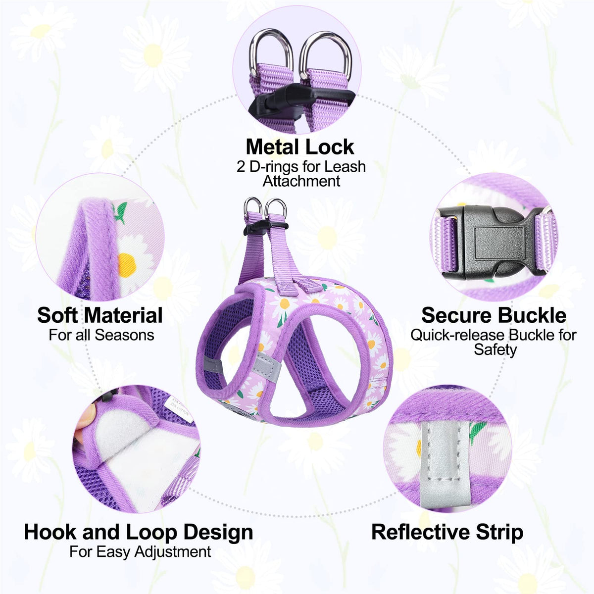 Small Dog Harness and Leash Set (Small(Chest Girth 14.5" - 16") / Purple Daisy)