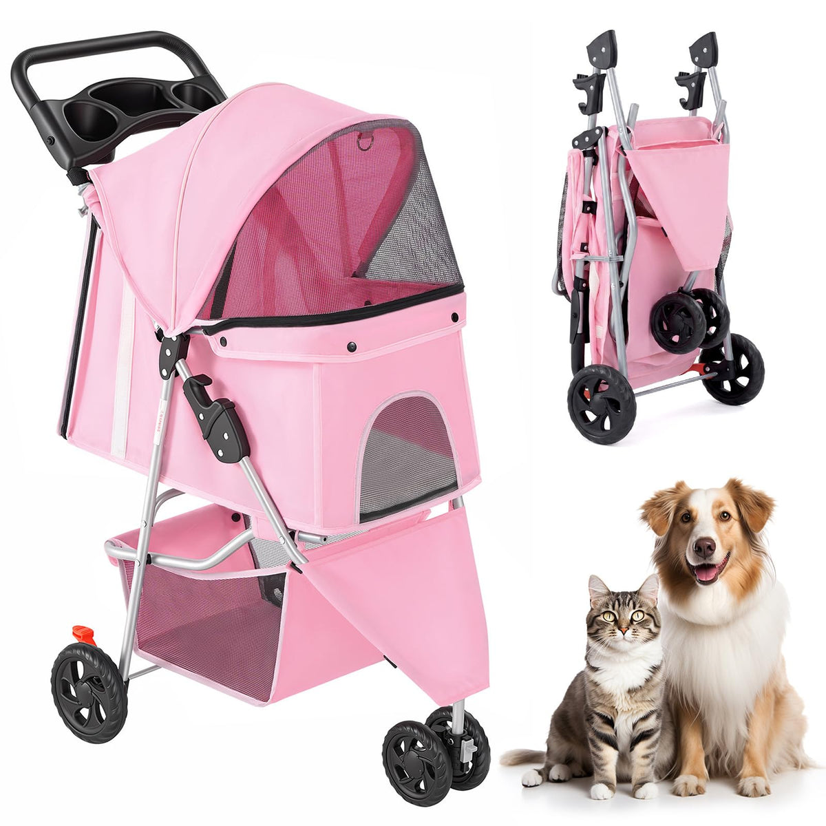 3 Wheel Pet Stroller for Dogs and Cats (Light Pink / 29.1" x 17.7" x 39.4")