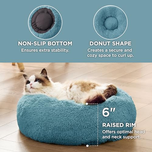Calming Cat Beds Donut Round Washable Kitten Bed (20"L x 20"W x 6"Th / Washed Blue)