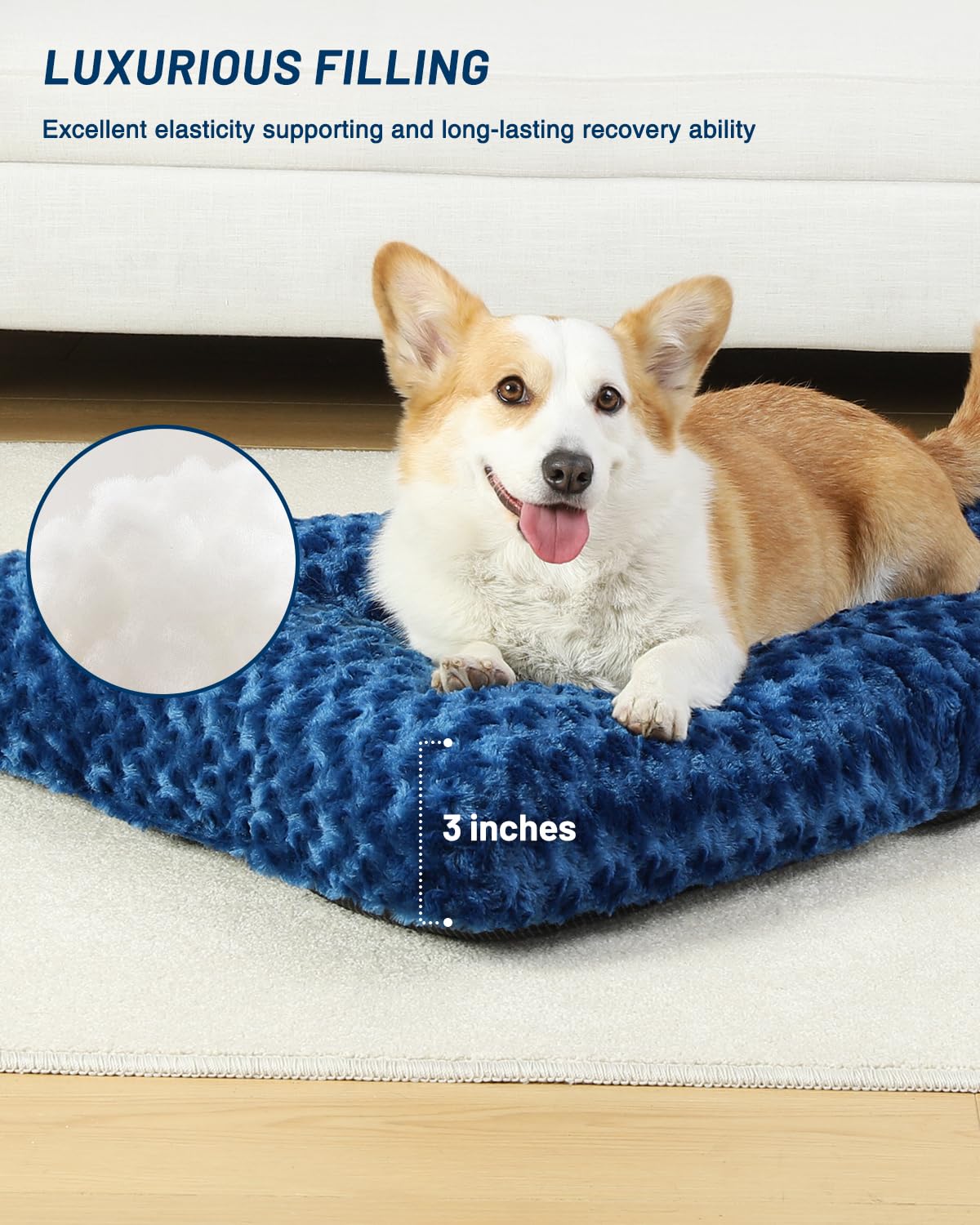 Washable Dog Bed Small Dog Crate Bed Deluxe Plush Mat 23"x18" Blue (Blue / 23.0"L x 18.0"W x 3.0"Th)