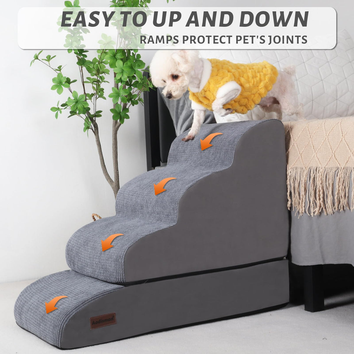 4 Step Dog Stairs and Ramp for Beds or Couch (Grey / Split Design 4-Step 21"H)