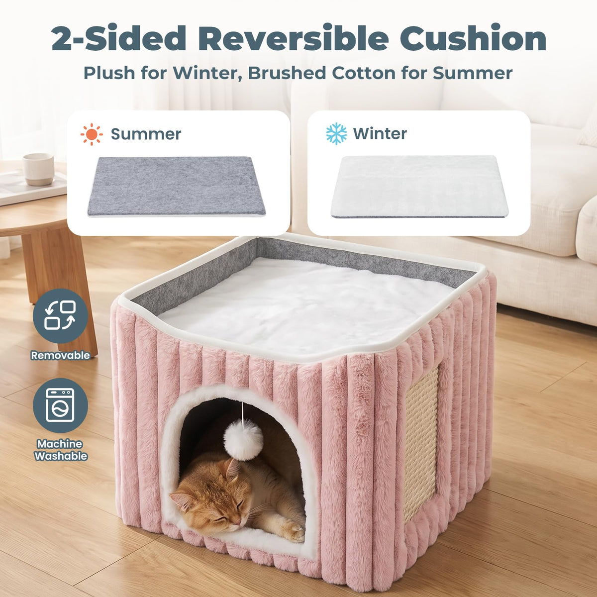 3-in-1 Cat Cave Bed for Indoor Cats with Scratch Pad (Pink)