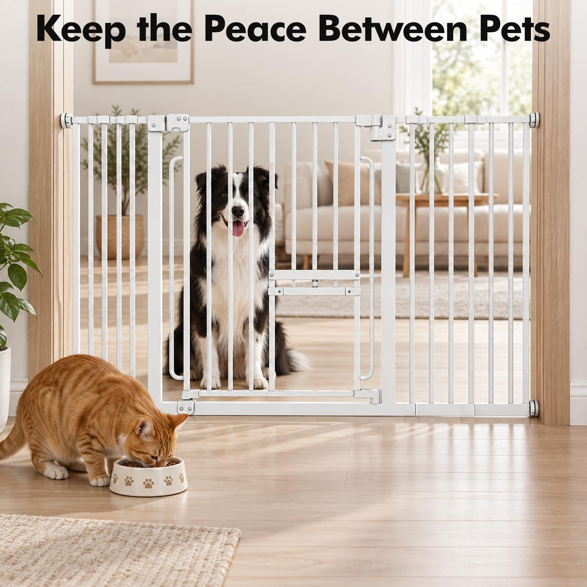 Extra Wide Pet Gate with Cat Door (White / 29.5-48"Wide,30"Tall)